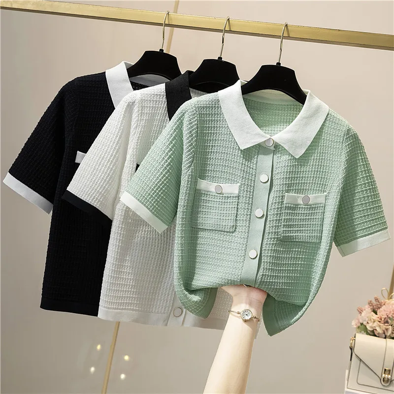 

Ropa Mujer Chic Camisetas Short Sleeve Button Up Fashion Cardigan Women Casual White High Street Patchwork Trend Korean Tops