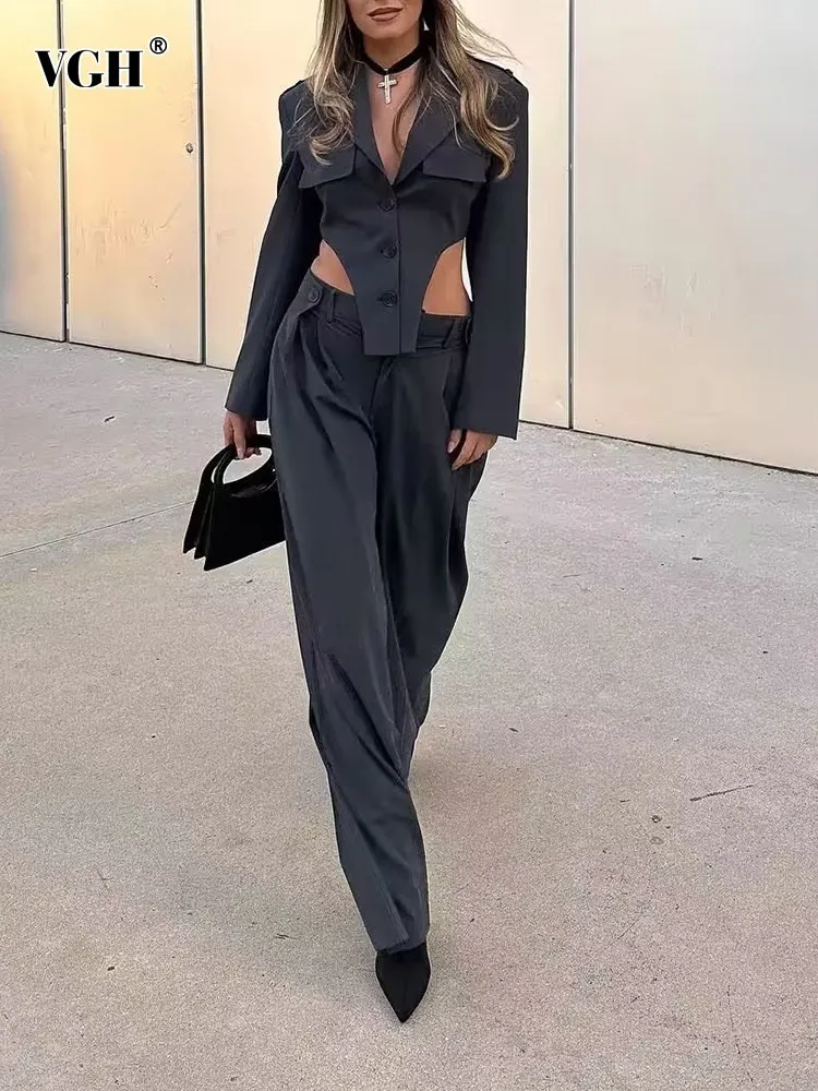 

VGH solid two piece sets for women notched collar long sleeve irregular blazer high waist stright trousers slim set female new