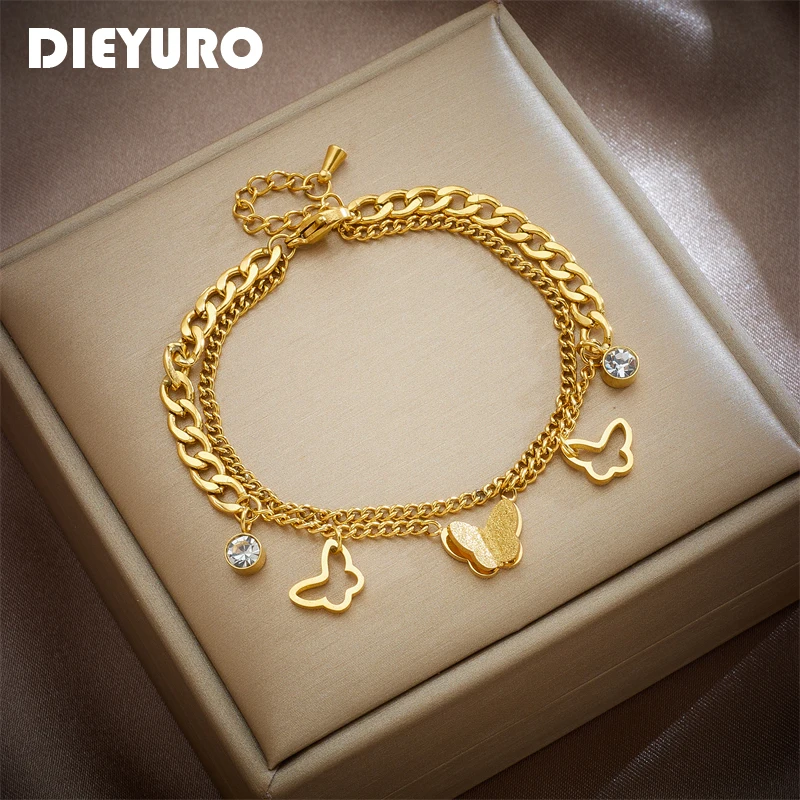 

DIEYURO 316L Stainless Steel Multilayer Zircon Butterfly Charm Bracelet For Women New Girls Gold Color Wrist Jewelry Party Gifts