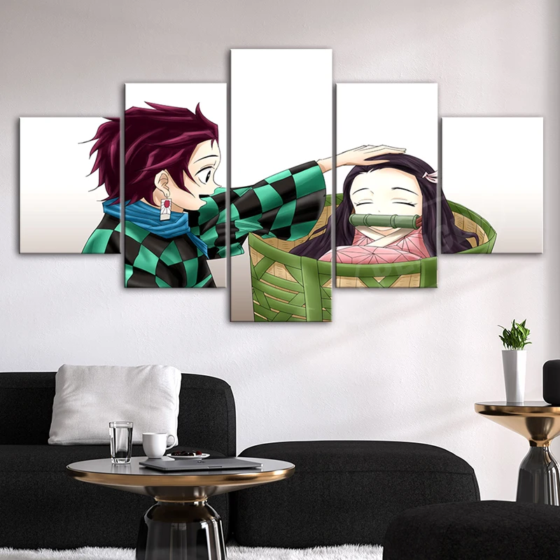 

5 Pcs Demon Slayer Anime Canvas Paintings Wall Art Kamado Tanjirou Brother Sister Poster Print Home Decor Modular Pictures Frame