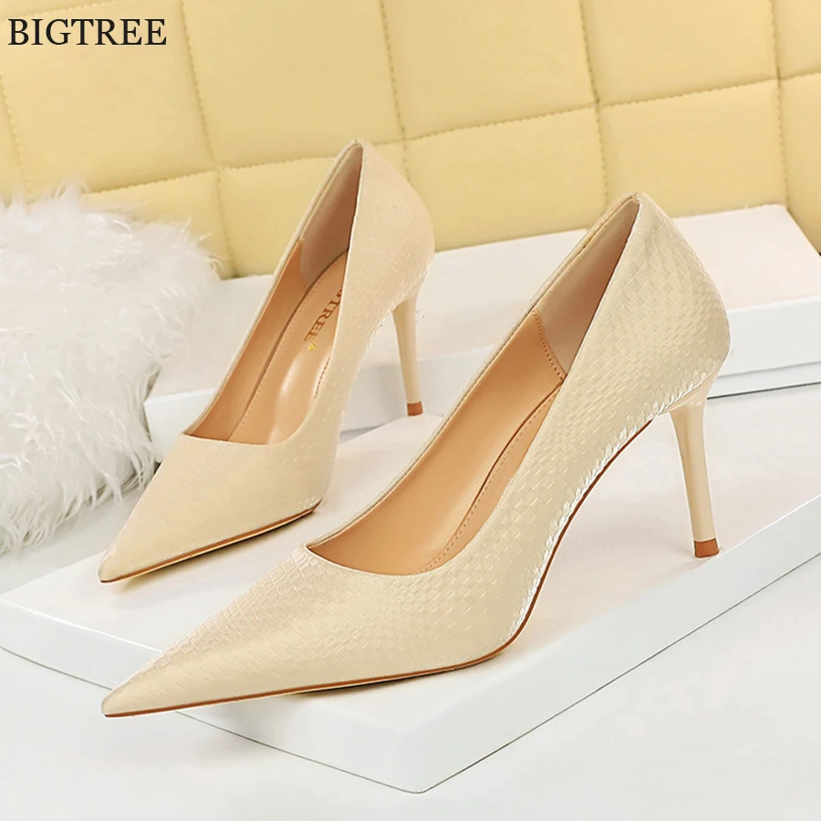 

BIGTREE Shoes 2023 New Women Pumps Black Beige Silk High Heels Shoes Concise Shallow Office Stiletto Party Female Comfort Heel