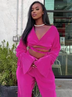 elegant v neck long sleeve lace up ruffle ruched neon crop top high waist long pant matching suit women 2022 y2k club streetwear