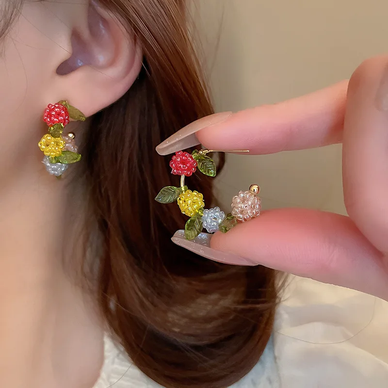 

Minar Handmade Braid Candy Color Beads Strand Flower Ball Leaves Hoop Earrings for Women C Shape Earring Statement Daily Jewelry