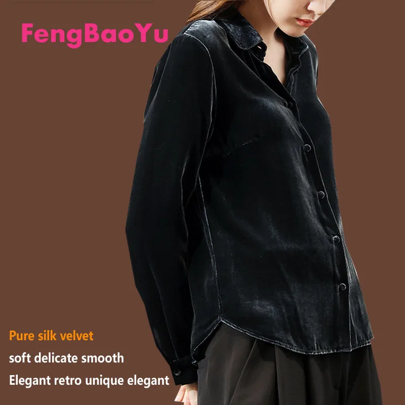 Fengbaoyu Silk Velvet Spring Autumn Lady's Shirt Long-sleeved Noble Shirt Pendant Dark Green Comfortable Blouse Free Shipping