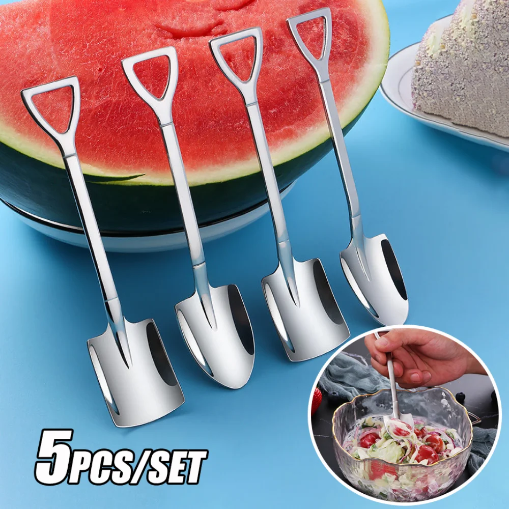 

5PCS Stainless Steel Spoons Creative Coffee Shovel Spoon for Dinner Ice Cream Tea Dessert Watermelon Kitchen Tableware Bar Tool