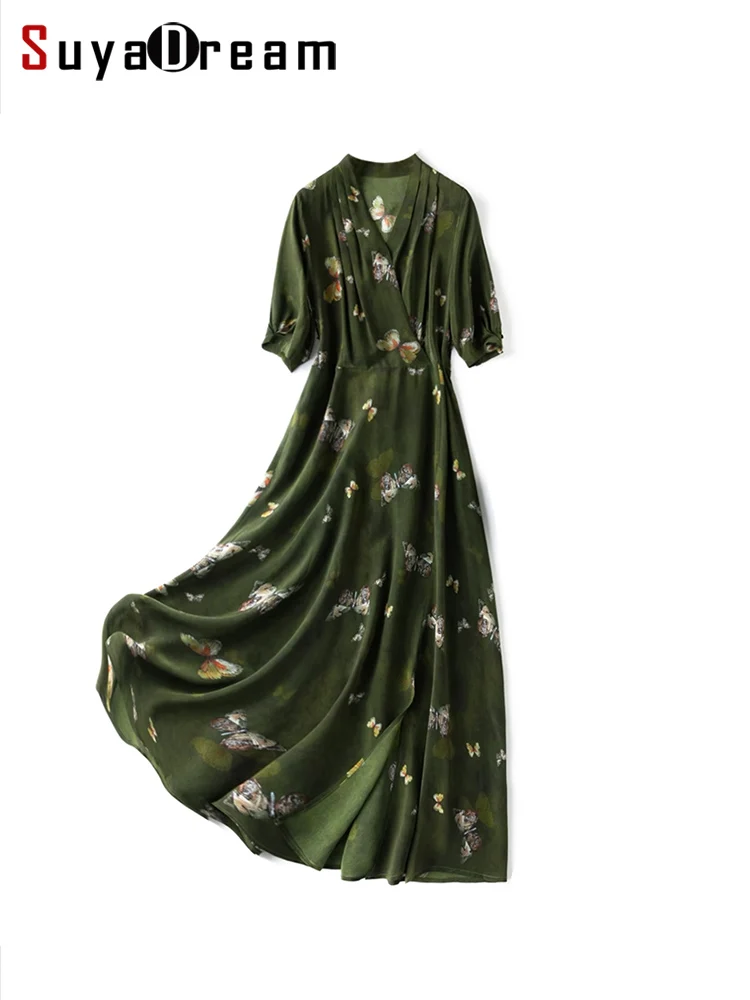 SuyaDream Women Maxi Dresses100%Silk Crepe V Neck Side Vent Elegant Butterfly Prints Long Dress 2023 Spring Summer Green Clothes