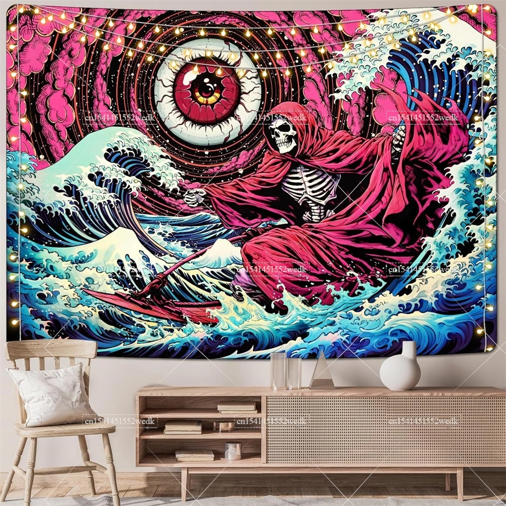 Готический настенный гобелен с черепом и волнами в японском стиле