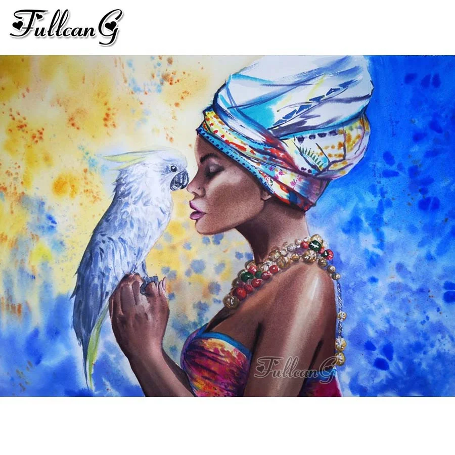 

African woman with parrot 5d diy diamond painting cross stitch animal full mosaic embroidery girl needlework home decor JX3260