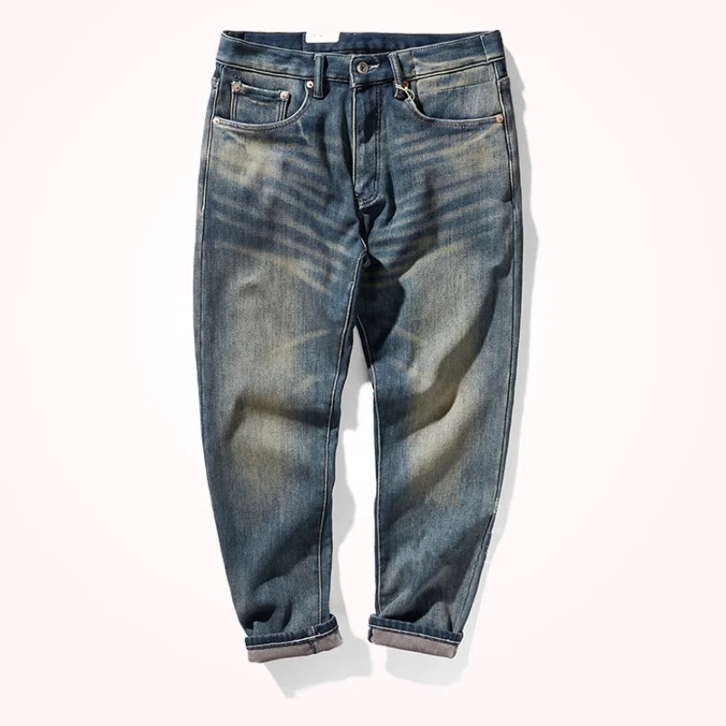 Plush jeans men's winter thickened warm denim pants comfortable elastic worn tapered small straight pants men's