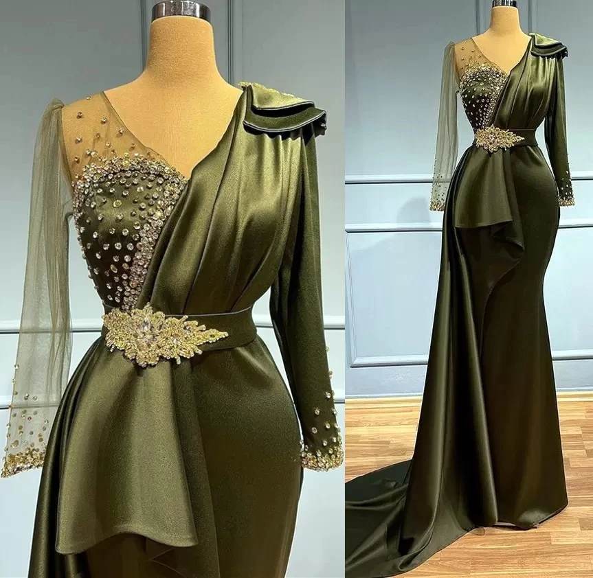 

2023 Arabic Aso Ebi Mermaid Prom Dresses V-neck Long Sleeves Beaded Crystals Formal Evening Engagement Gowns Robe De Soiree