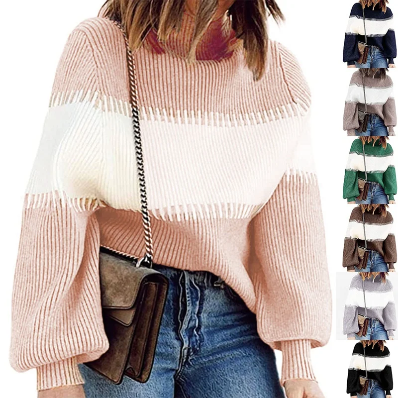 

Casual High Neck Pit Pattern Contrast Color Women's Sweater Casual Contrast Color Sweater Winter
