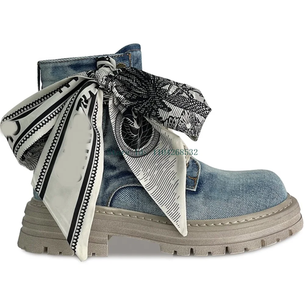 Джинсовые ботильоны с узлом-бабочкой и лентой джинсовые круглым носком на