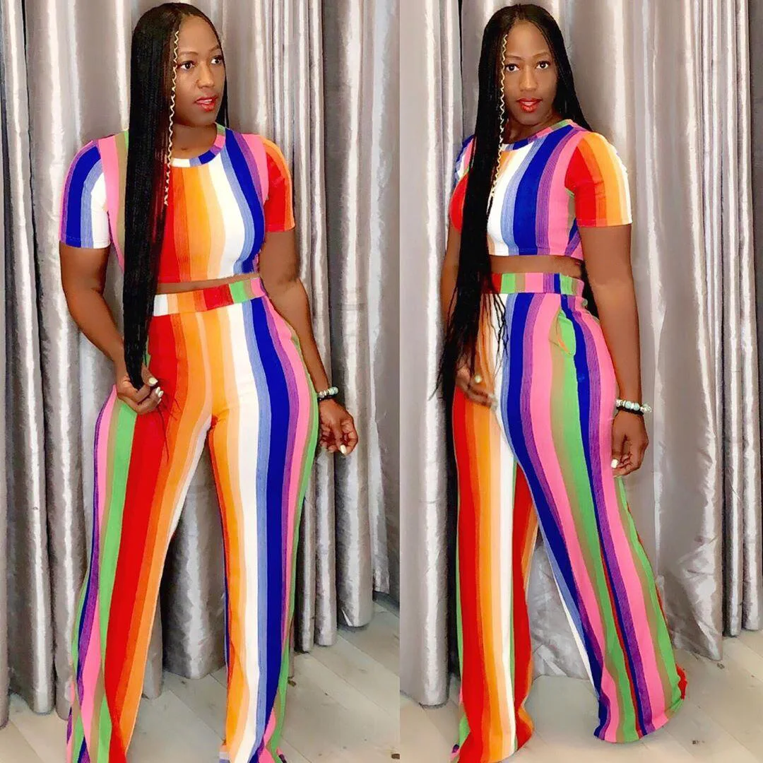 

Colorful Striped Patchwork Summer Elegant Two Piece Set Women Wide Leg Pants + Short Sleeve T-Shirt Top Wholesale
