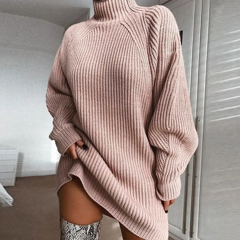 Women Turtleneck Oversized Knitted Dress Autumn Solid Long Sleeve Casual Elegant Mini Sweater Dress Winter Clothes