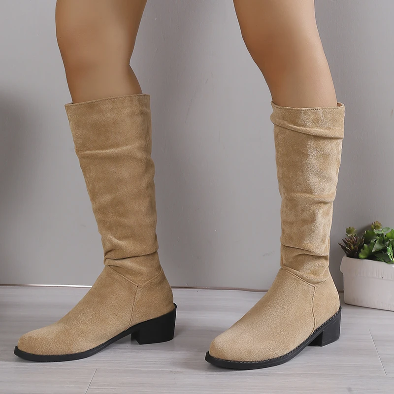 

2023 Hot Sale Shoes for Women Sleeve Women's Boots Winter Suede Round Toe Solid High Tube Low Heel Large Size Western Boots