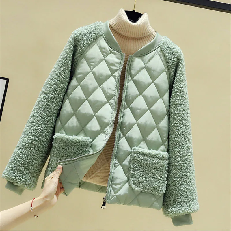 Autumn Winter Lambswool Splice Parka Short Cotton Jackets Women Plus Size Loose Warm Outerwear Female Solid Padded Jacket Coats