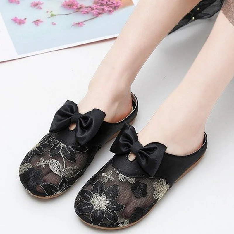 

Туфли женские кружевные на плоской подошве, пикантные сандалии с цветочным принтом, с бантом, Нескользящие, дышащие, повседневная обувь, шле...