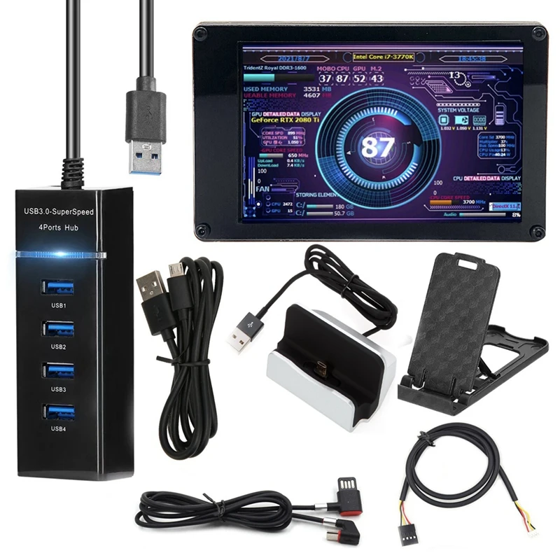 

AIDA64 3.5-Inch Chassis Display Kit With USB Hub+Charging Base+Elbow Data Cable+4Pin Motherboard Adapter Cable 9-Pin