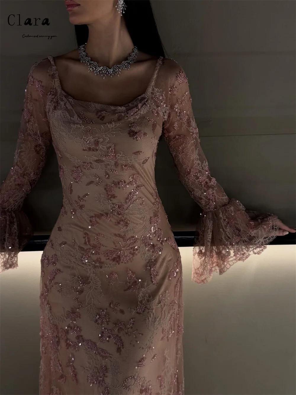 Фото Вечернее платье класса люкс Clara Custom, розовое, с кружевной вышивкой, фасон «русалка», для выпускного вечера и торжеств, элегантное женское платье 2026 №2