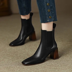 Genuine Leather Elastic Band High Heels Women Ankle Boots Square Toe Office Ladies Party Dress Shoes Autumn Winter Size 41 42