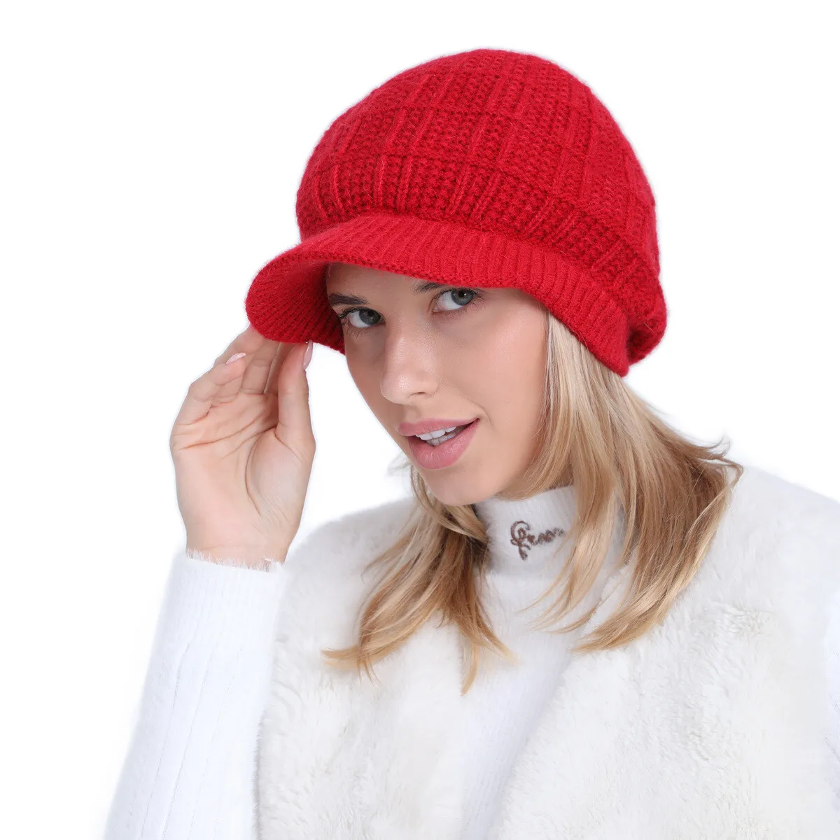 

Winter Warm Fleece Lined Slouchy Skull Visor Beanie Ribbed Knitted Newsboy Hats for Women Cold Weather Painter Brim Hat Berets