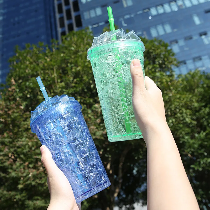 Double straw plastic cup double cooling summer ice cup fashion letter advertising gift cup