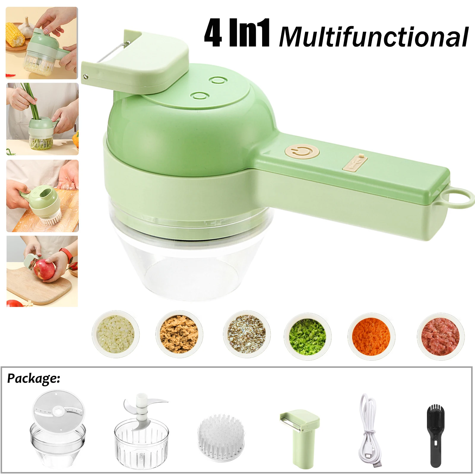 

Multifunctional 4 In 1 Electric Vegetable Cutter Slicer USB Charging Garlic Mud Masher Chopper Cutting Pressing Mixer Food Slice
