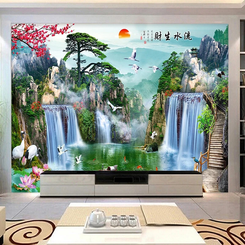 

Custom Mural Wallpaper Forest Pine Trees High Mountains Running Water Landscape Poster Room TV Sofa Study Background Home Decor