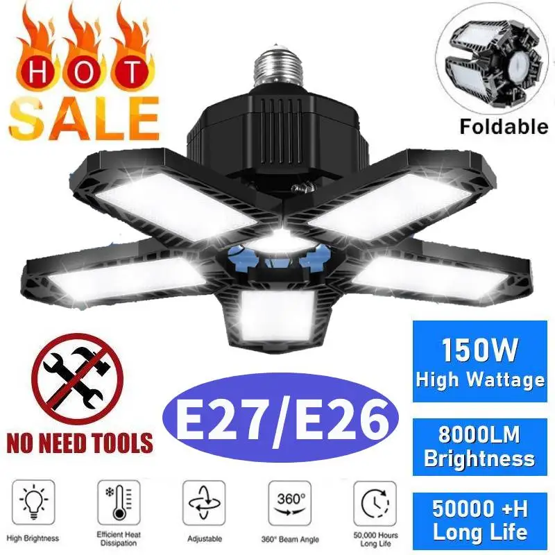 

New Garage Light Eu Warehouse 150W E27/E26 8000LM Ceiling Lamp Adjustable Deformable Commercial Lighting For Garage Workshop