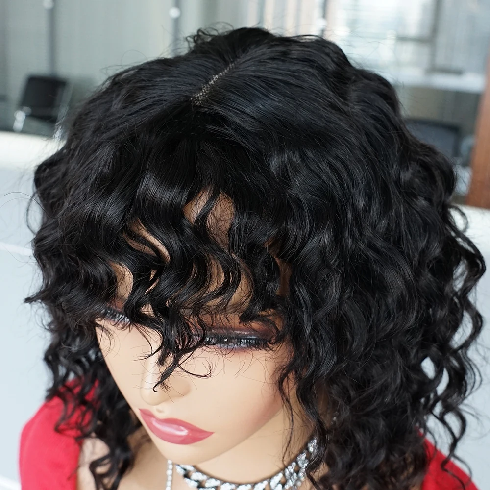 

Deep Wave 2*1 Lace Bob Wig With Bangs Middle Part Top Lace Remy Brazilian Human Hair Wigs With Fringe