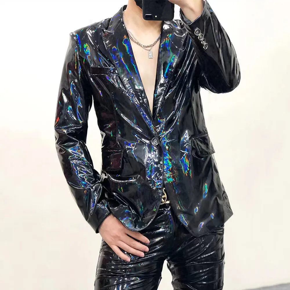 

Черный Модный мужской костюм из искусственной кожи, женская мягкая кожаная куртка с рисунком для ночного клуба, бара, певицы, сценический костюм