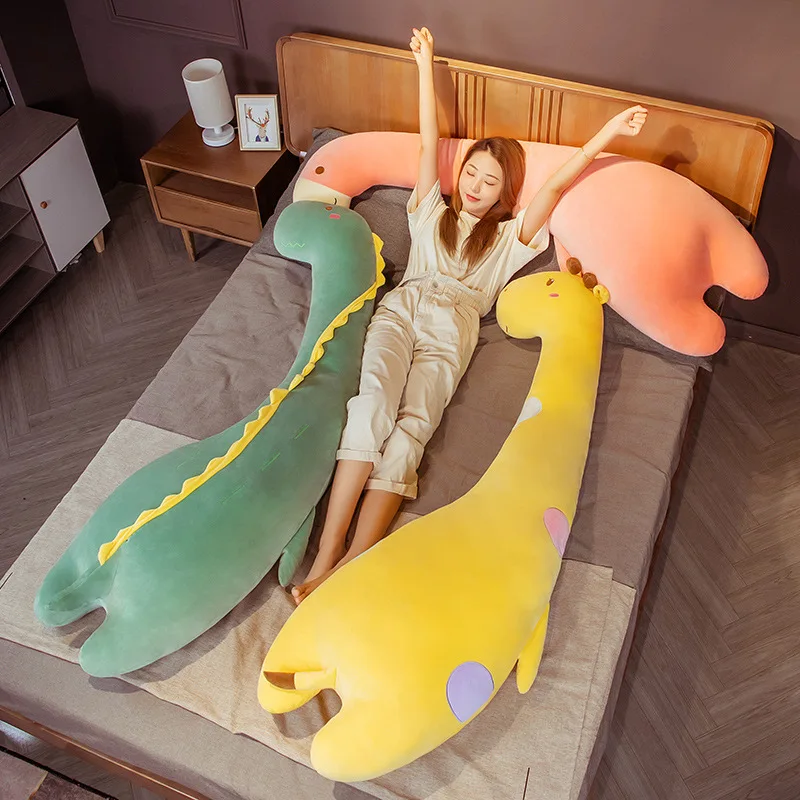 Almohada para dormir de 90/110CM de largo para niños, juguetes de Peluche de dinosaurio Kawaii, jirafa, flamenco, Ganso, muñecas suaves