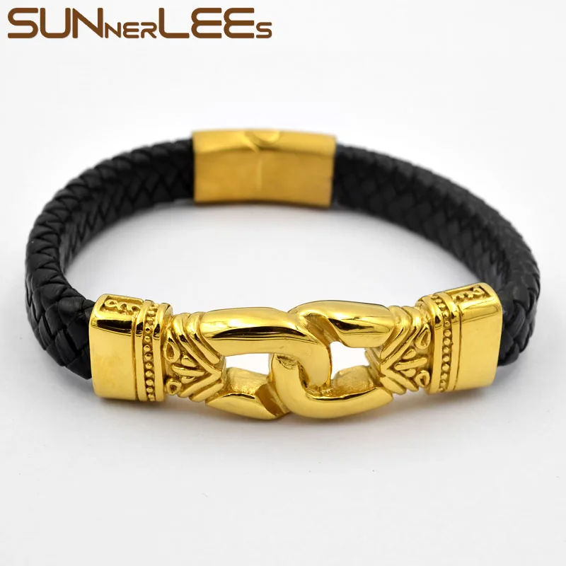 

Браслет из нержавеющей стали SUNNERLEES LSB02 для мужчин и женщин, кожаный очаровательный браслет с перчатками для бокса, золотистый, черный, синий ...