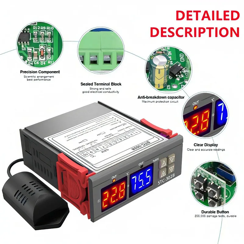 STC-3028 двойной цифровой термостат температура DC 12V 24V контроль влажности C/F с двумя
