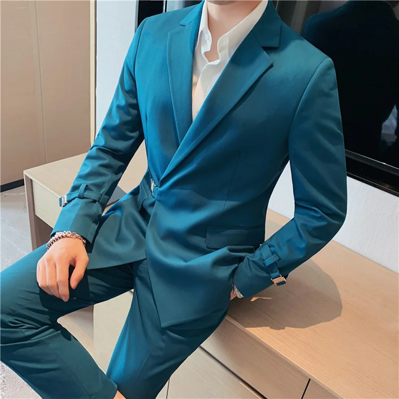 

(Jacket+Pants) New Fashion Trend Buckle Design Set for Men's Business, Leisure, Slim Fit, Solid Color Groom Wedding 2-Piece Se