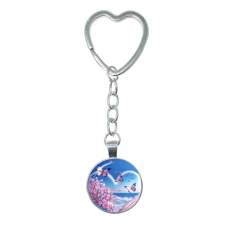 

Fantasy Shell Seaside Scenery Heart Key Chain Glass Cabochon KeyRing Bag Car Key Chain Ring Holder Charms Jewelry Gifts