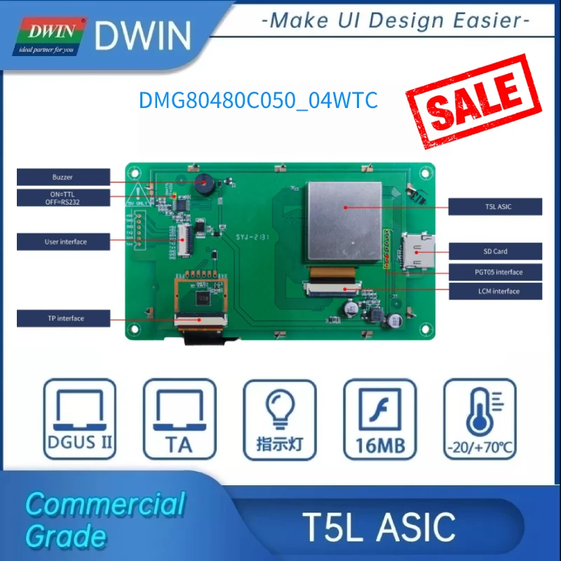 

DWIN 5.0-inch Touch Panel LCD 800*480 Pixels Resolution IPS-TFT HMI LCD Display Capacitive Touch Screen LED Backlight UART LCM