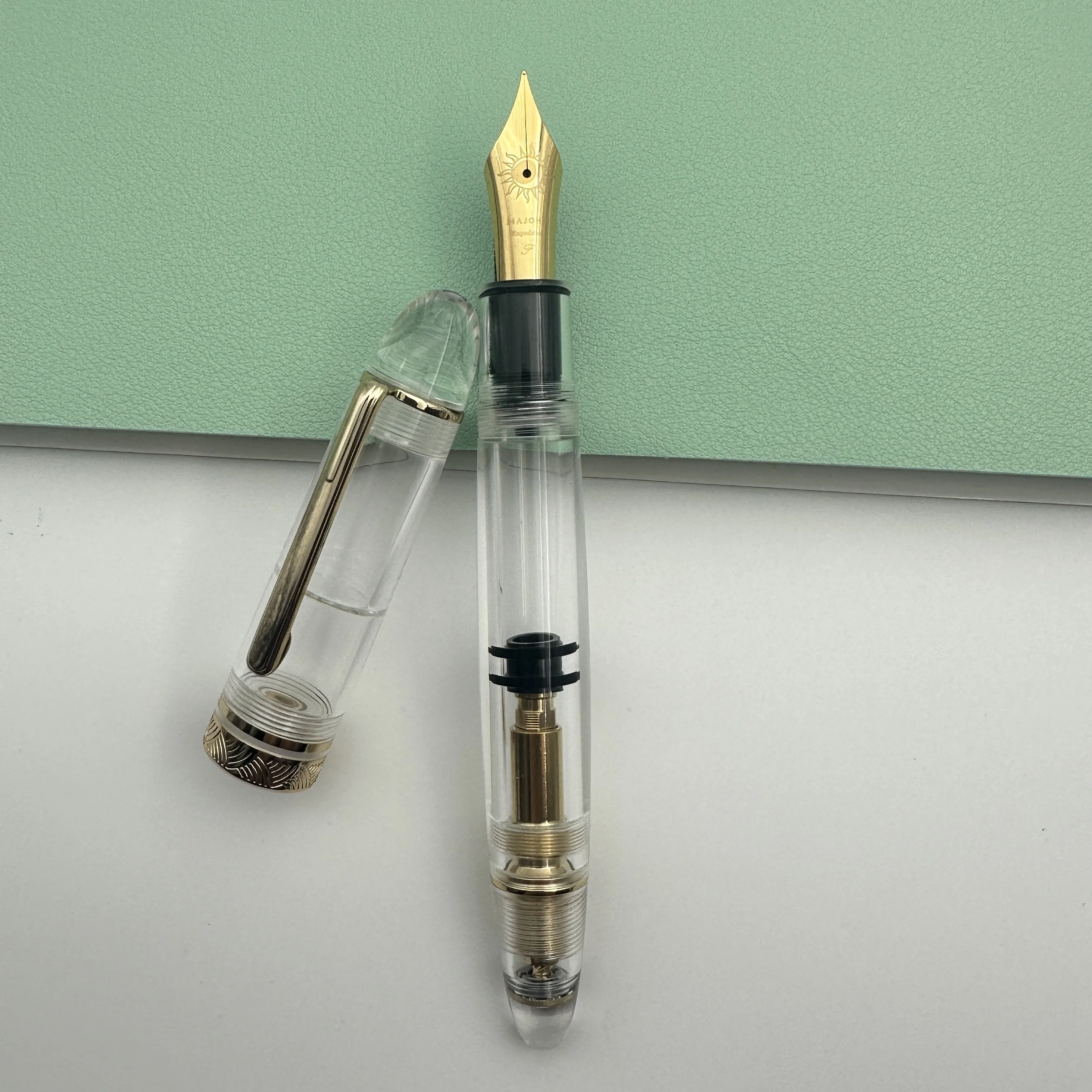 Фото Большая наконечник MAJOHN P140 BOCK NO.8 F/M, акриловый поршень, прозрачная авторучка, корму из эбонита, большая емкость, чернила для письма, роскошная ручка №3