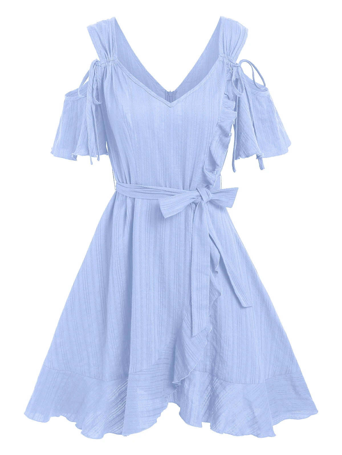 

Ruffled Cold Shoulder Flounced Dress Open Shoulder Cinched Belted A Line Robe Casual Vacation Dresses