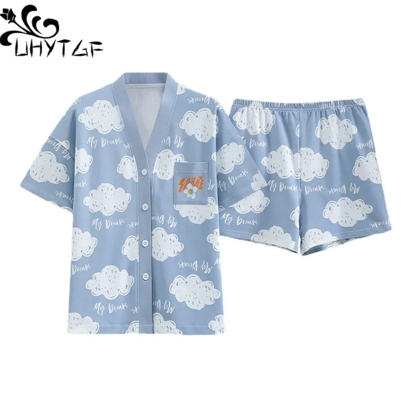 

UHYTGF 2023 New Pajamas Women's Short Sleeve Shorts Students Summer Two-Piece Set Sleepwear Female Print Thin Home Clothes 2619