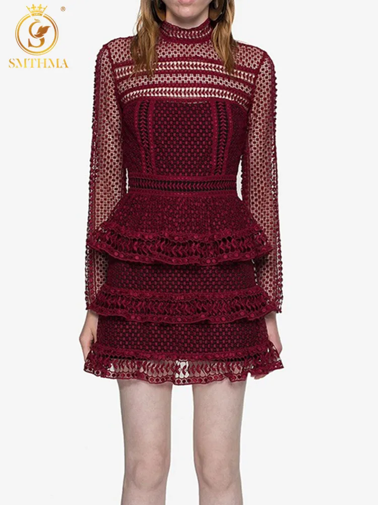 

SMTHMA 2021 New Spring Runway Lace Patchwork Red Black Dress Long Sleeve High Waist Slim Women Vestidos Party Dress