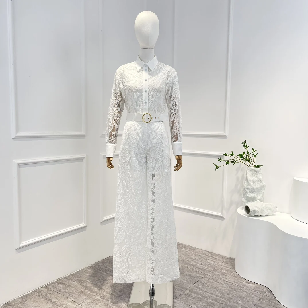 

2023 Новые поступления белая Цветочная Лоскутная Блузка на пуговицах с вырезами широкие брюки с поясом для женского костюма