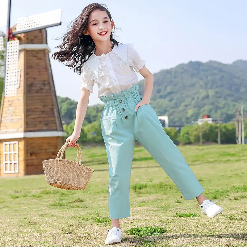 

Детская одежда для девочек, летний костюм из блузки с кружевным воротником и брюк, комплекты одежды для девочек-подростков, костюм для школь...