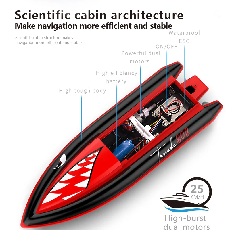 Радиоуправляемая лодка 2 4G 25 км/ч 808 Акула с дистанционным управлением Мощный