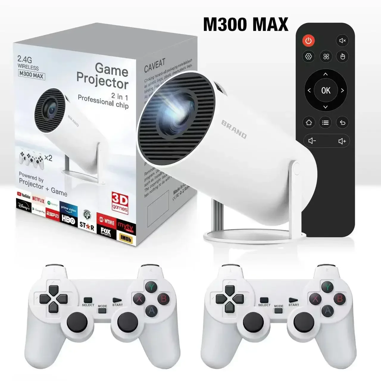 Фото Игровая консоль M300 Max 2 в 1 с беспроводными геймпадами, поддержкой 4K 1080P, Android 11, беспроводной проектор 2.4G №1