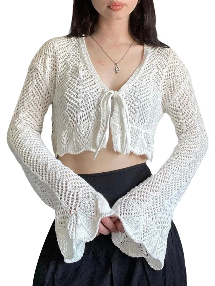 

Women s Casual Knitted Sweater Cardigan Solid Color V-neck Front Tie-Up Long Sleeve Hollow Out Crop Tops Y2k Streetwear