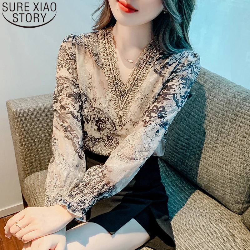 

2023 New Fashion Vintage Print Elegant V-neck Simple Blouse Women Tops Autumn Long Sleeve Loose Shirt Clothes Blusa Mujer 23263