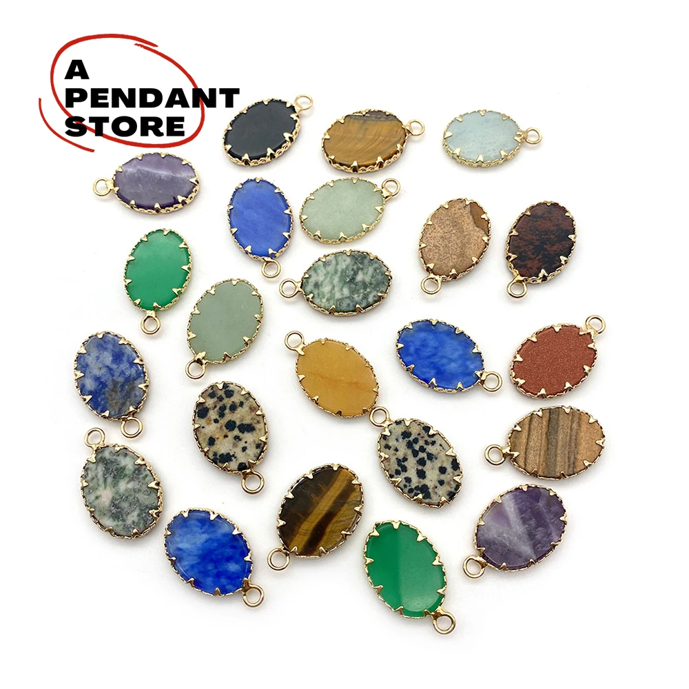 

New Natural Stone Edging Pendant Oval Amethyst Pink Crystal Tiger Eye Electroplating Process DIY Charm Necklace Bracelet Jewelry