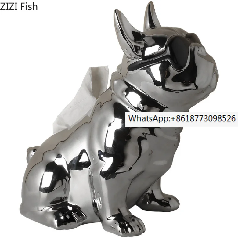 

European Silver Electroplated Ceramic French Fighting Dog Tissue Box Cartoon Animal Sculpture Household Sunglasses Dog Storage