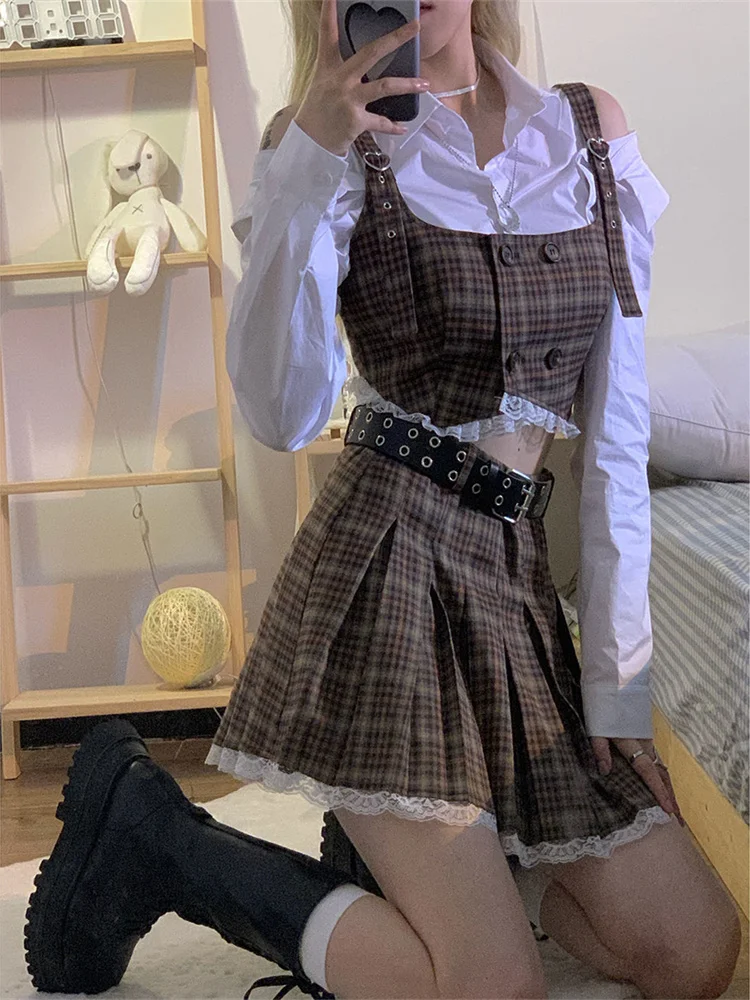 Женский костюм из двух предметов: майка и юбка укороченный топ в клетку